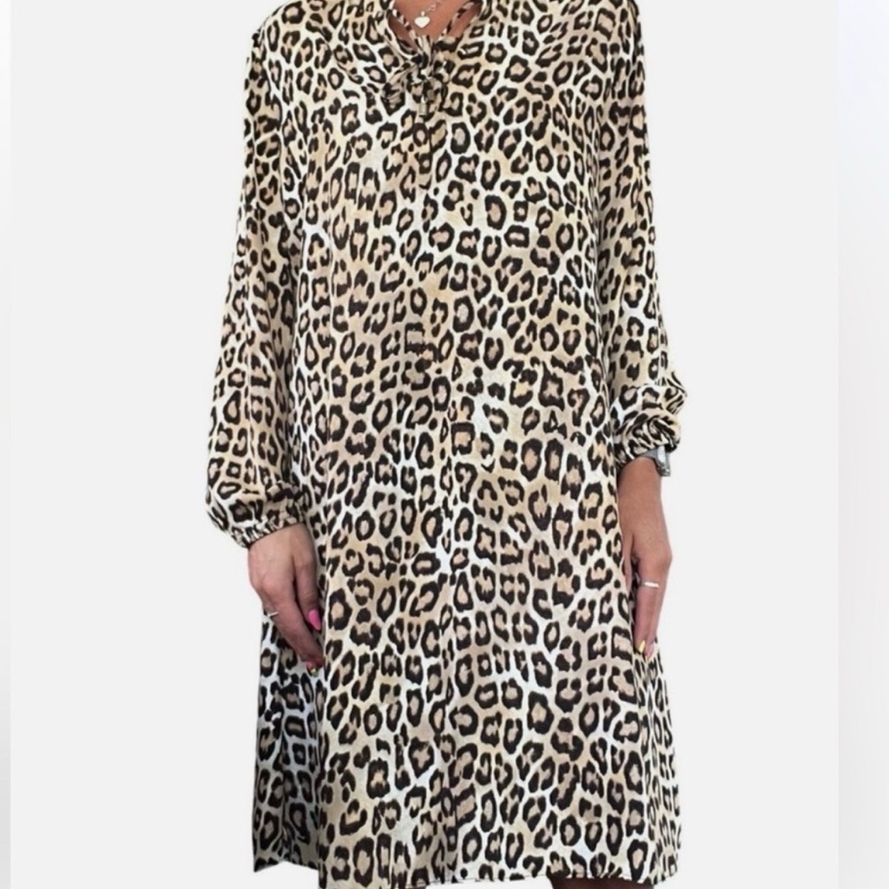 Chico's Animal Print Long Sleeve Shift Dress Neutral Office Cocktail Flowy